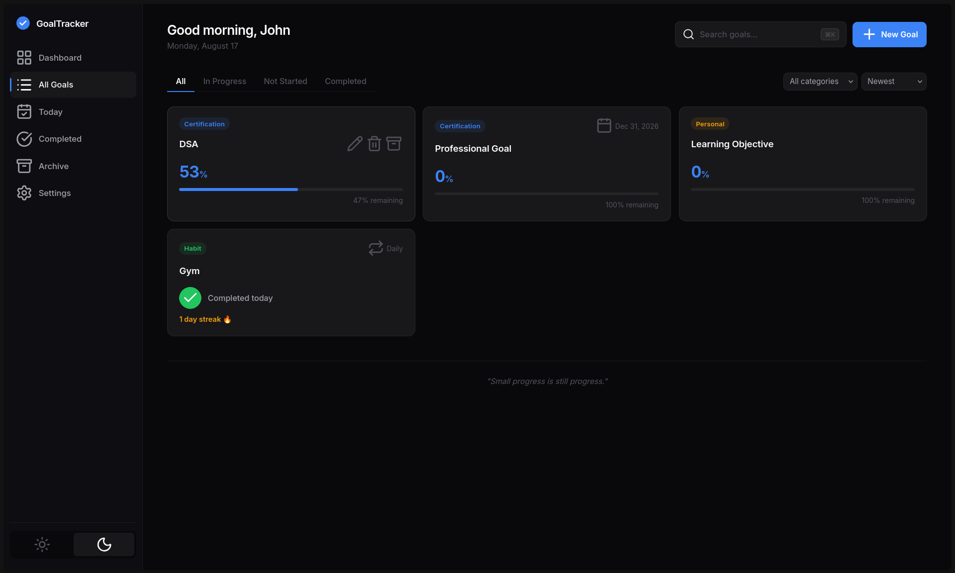 GoalTracker goal management dashboard screenshot