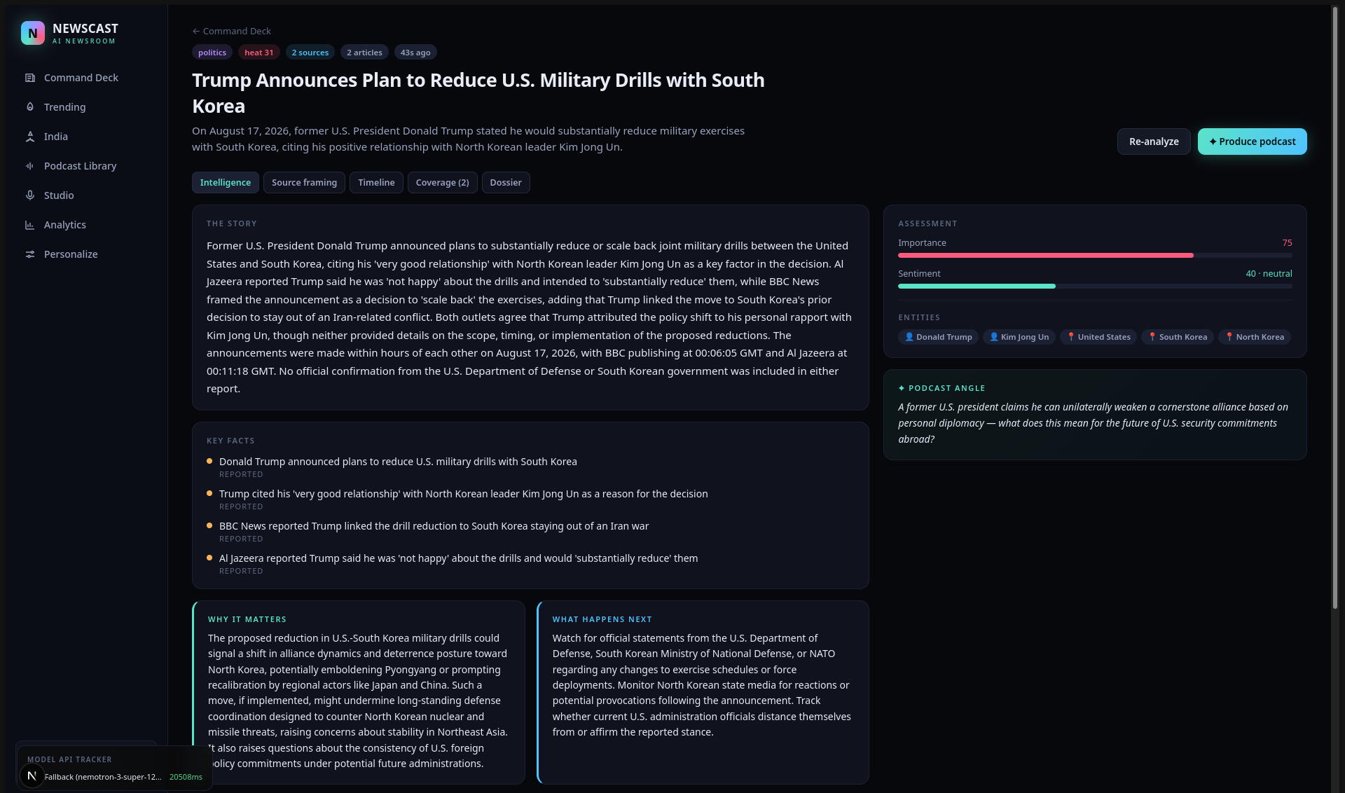 Newscast AI newsroom dashboard screenshot
